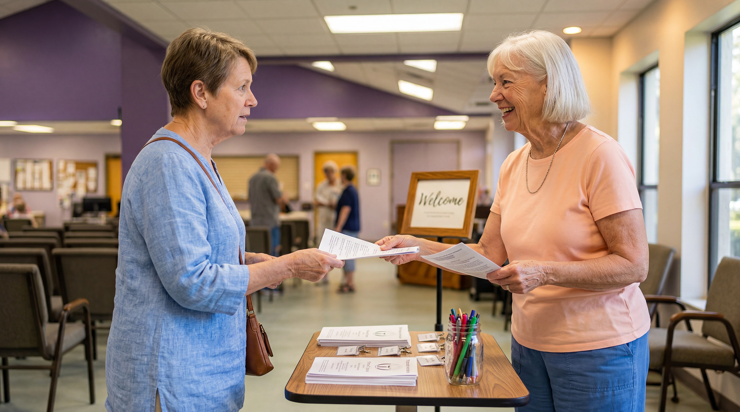 A welcoming TriUU member greets a newcomer at the welcome table with a visitor program