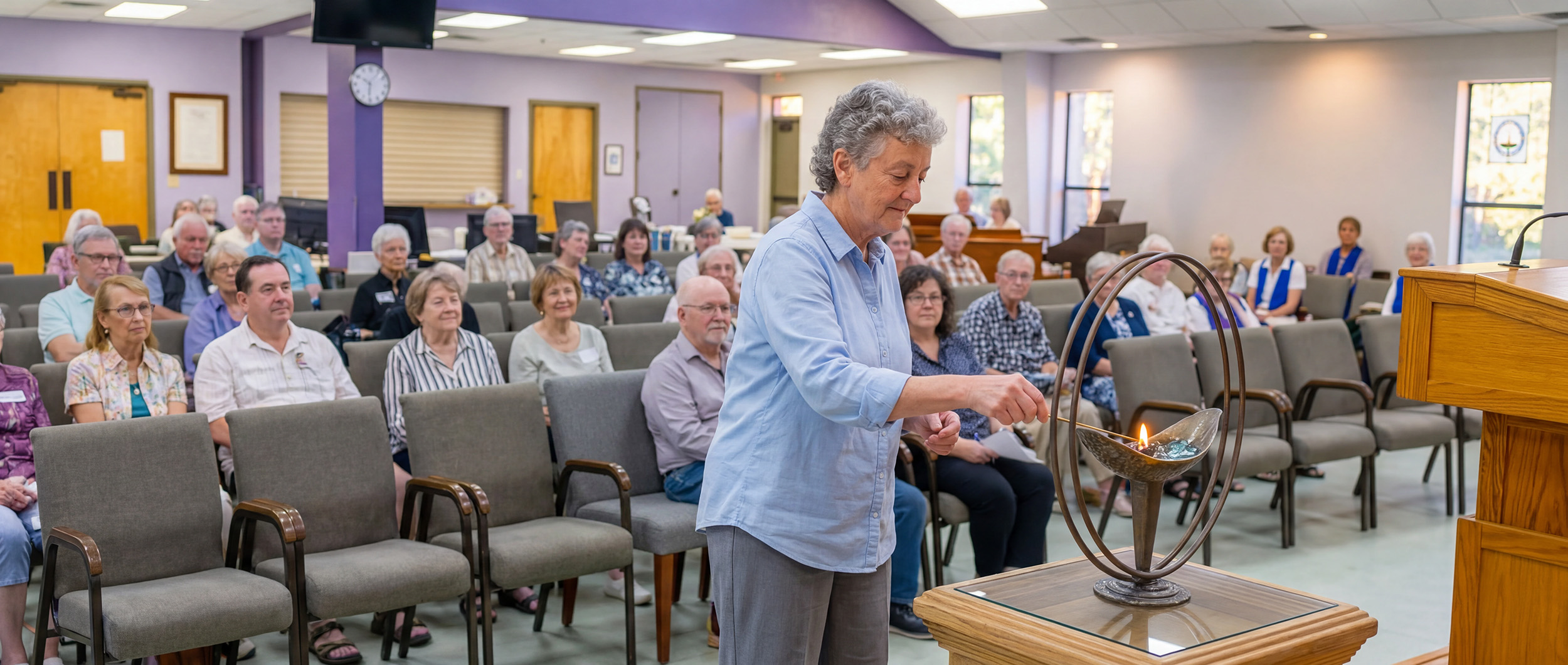 A TriUU member lights the flaming chalice at the start of a Sunday service in the Chalice Room
