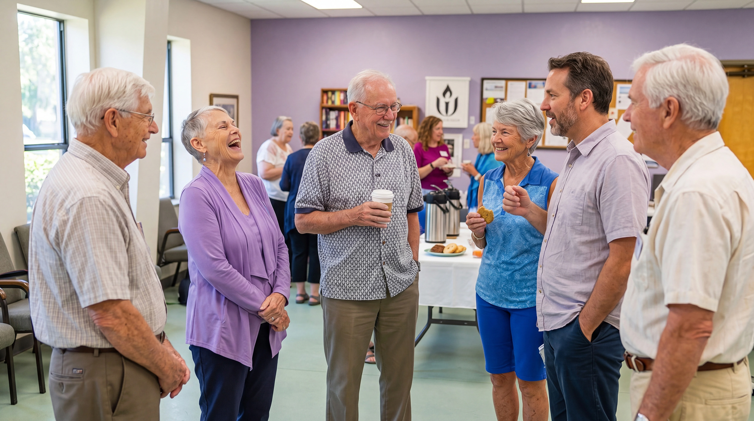 TriUU members sharing friendly conversation and laughter during Sunday coffee hour in the Chalice Room